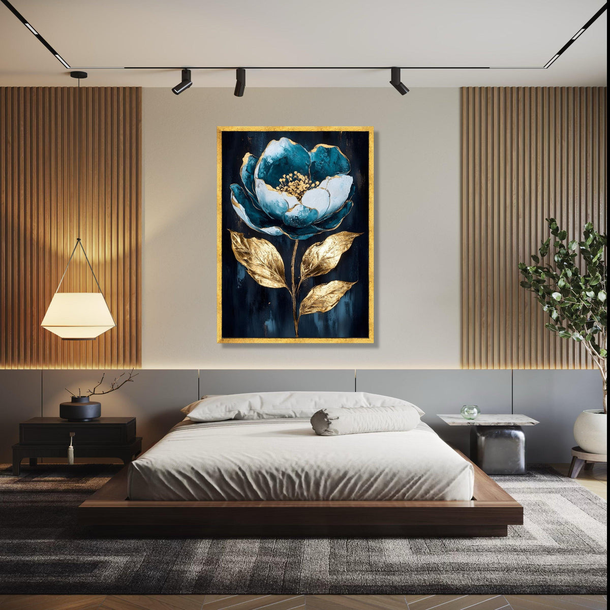 Teal Blue and Gold Floral Canvas Wall Art, Elegant Flower Painting, Metallic Leaf Home Decoration, Modern Gift Art, Home Decor, Print