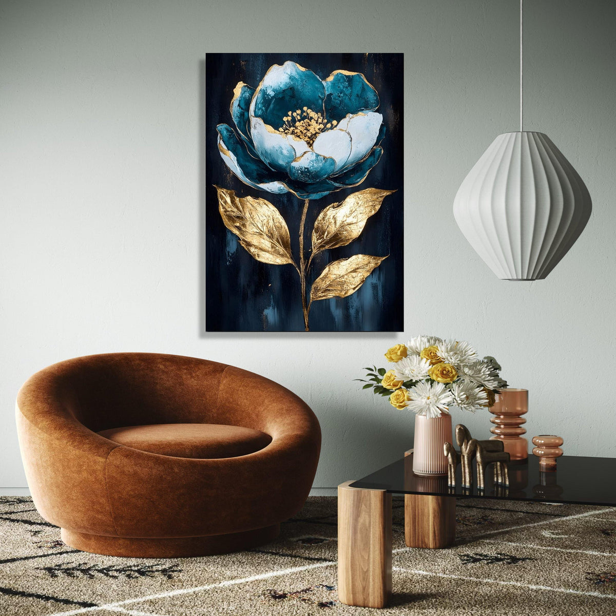 Teal Blue and Gold Floral Canvas Wall Art, Elegant Flower Painting, Metallic Leaf Home Decoration, Modern Gift Art, Home Decor, Print