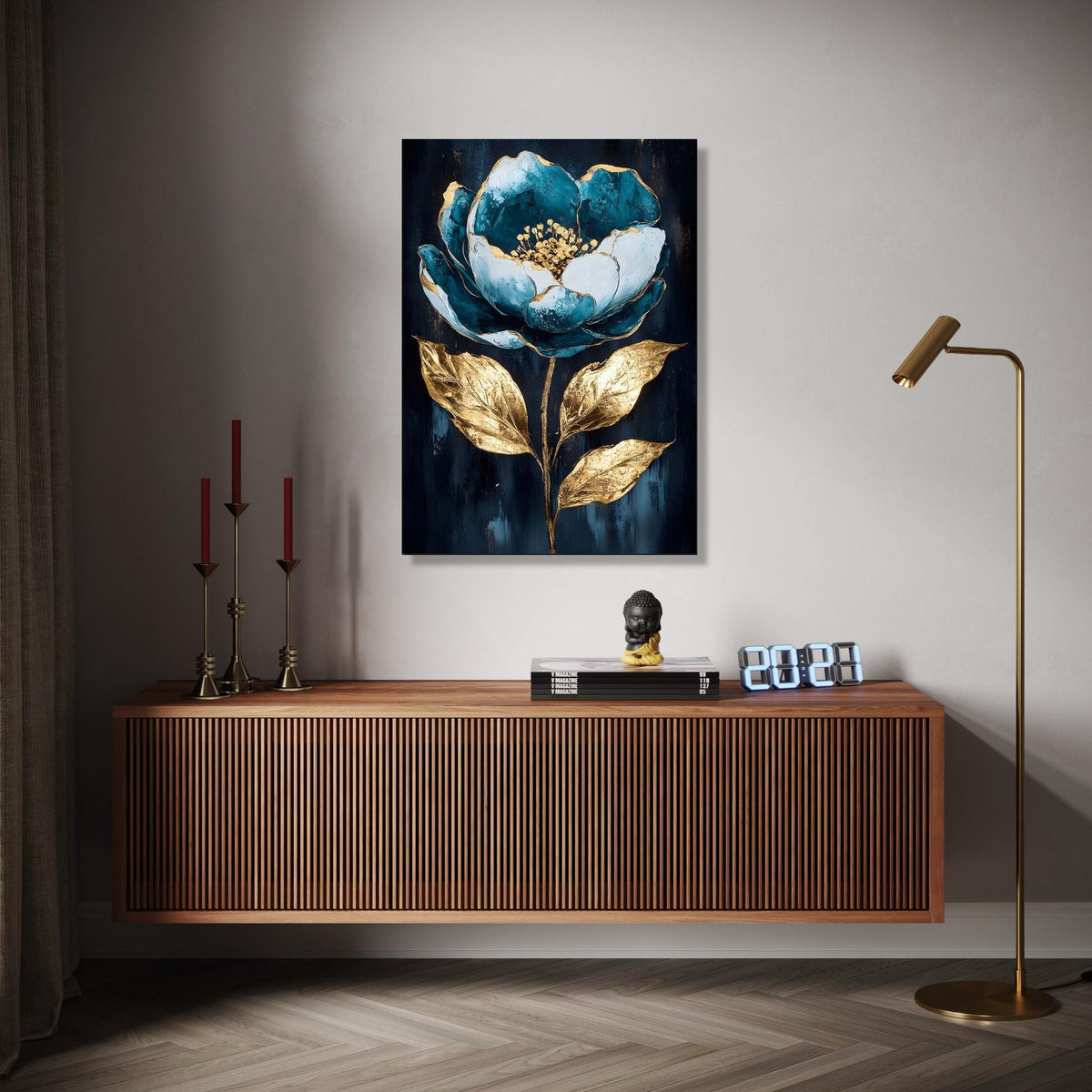 Teal Blue and Gold Floral Canvas Wall Art, Elegant Flower Painting, Metallic Leaf Home Decoration, Modern Gift Art, Home Decor, Print