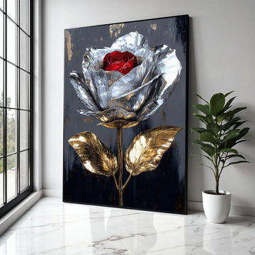 Metallic Rose Canvas Wall Art, Silver and Gold Flower Painting, Modern Floral Canvas, Elegant Home Decor, Red Gift Art, Home Decor, Print