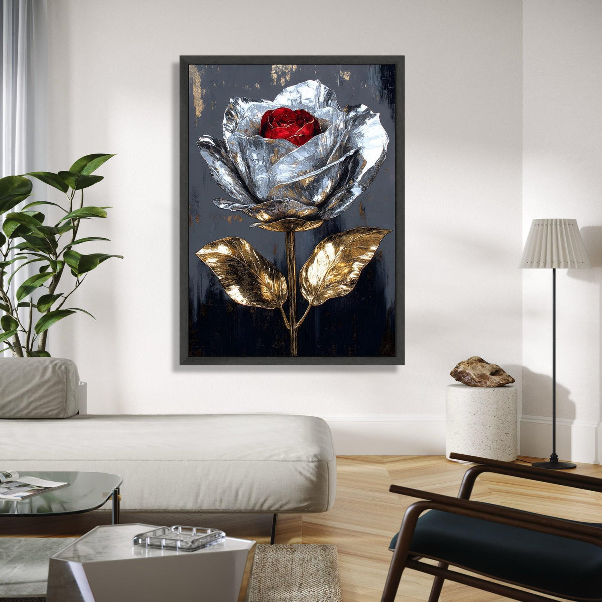 Metallic Rose Canvas Wall Art, Silver and Gold Flower Painting, Modern Floral Canvas, Elegant Home Decor, Red Gift Art, Home Decor, Print