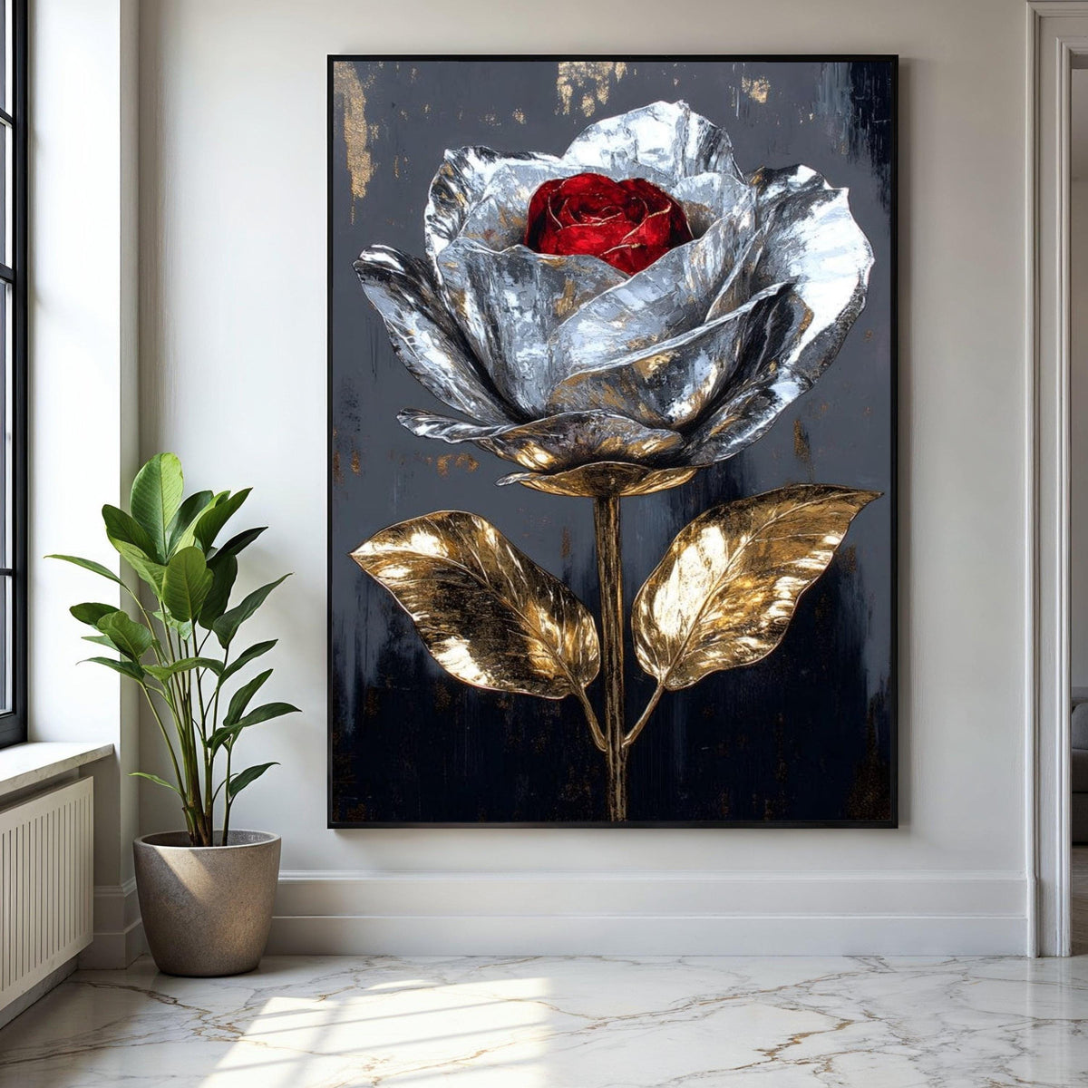 Metallic Rose Canvas Wall Art, Silver and Gold Flower Painting, Modern Floral Canvas, Elegant Home Decor, Red Gift Art, Home Decor, Print