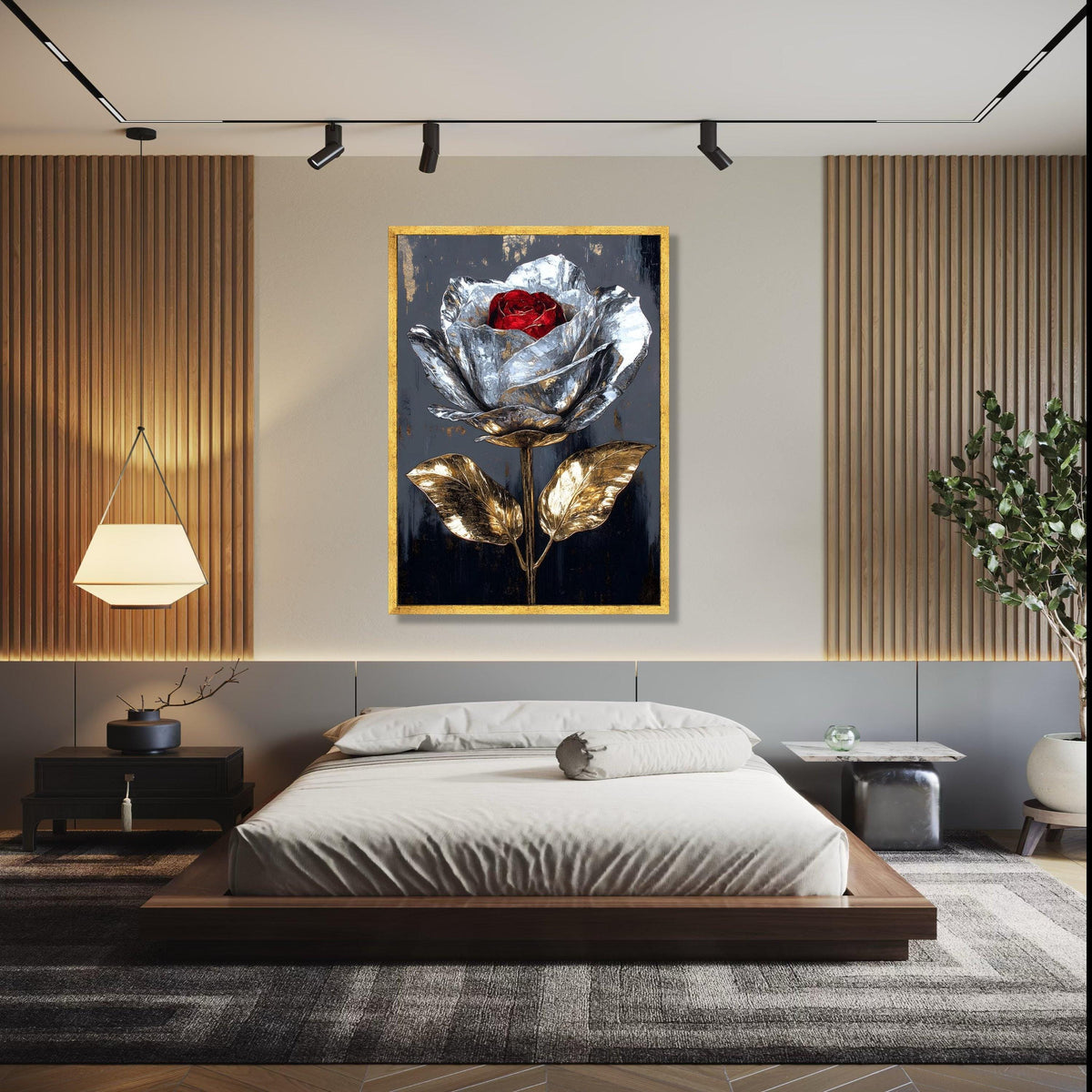Metallic Rose Canvas Wall Art, Silver and Gold Flower Painting, Modern Floral Canvas, Elegant Home Decor, Red Gift Art, Home Decor, Print