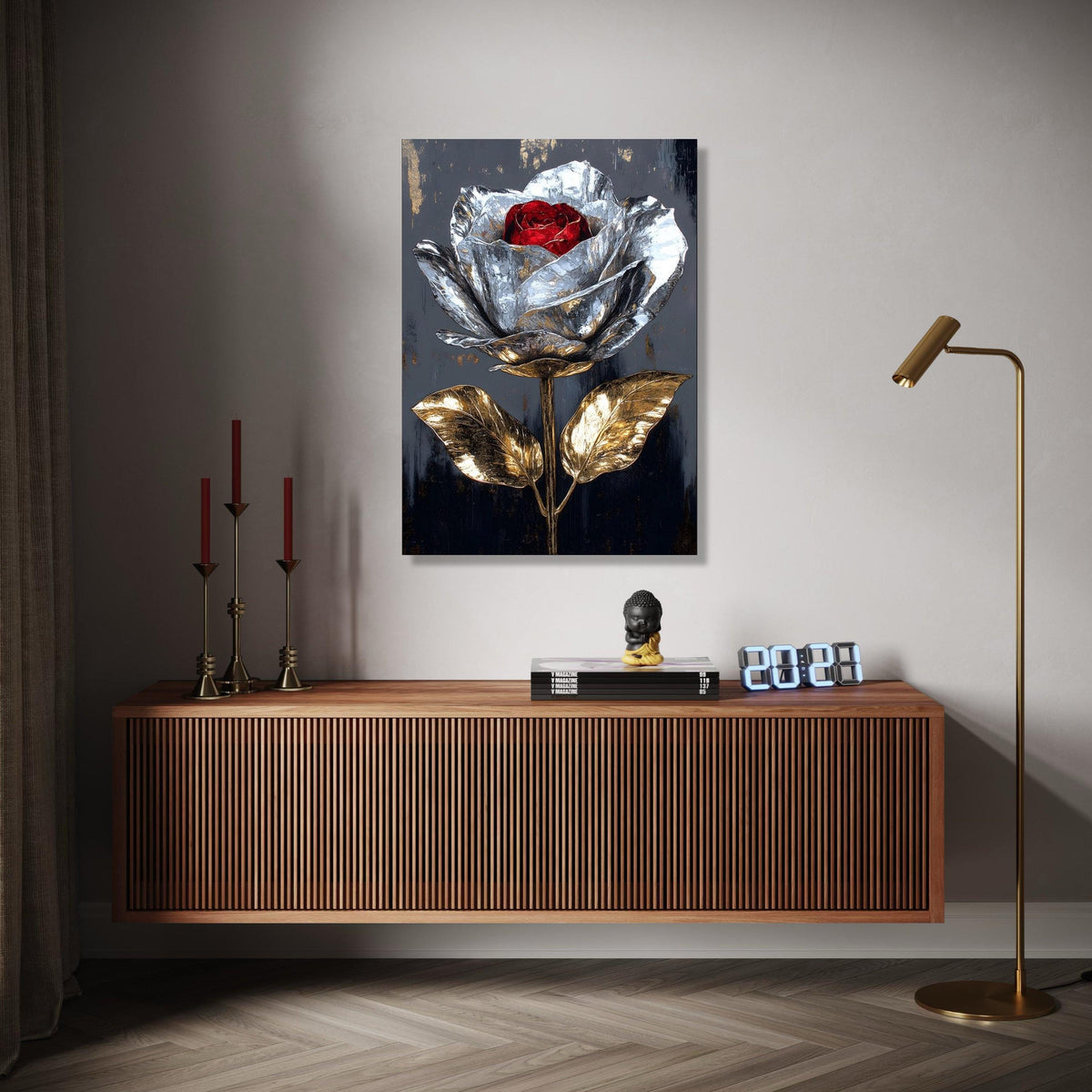 Metallic Rose Canvas Wall Art, Silver and Gold Flower Painting, Modern Floral Canvas, Elegant Home Decor, Red Gift Art, Home Decor, Print