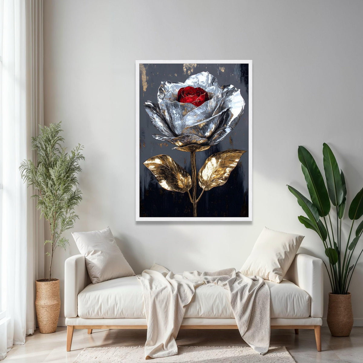 Metallic Rose Canvas Wall Art, Silver and Gold Flower Painting, Modern Floral Canvas, Elegant Home Decor, Red Gift Art, Home Decor, Print