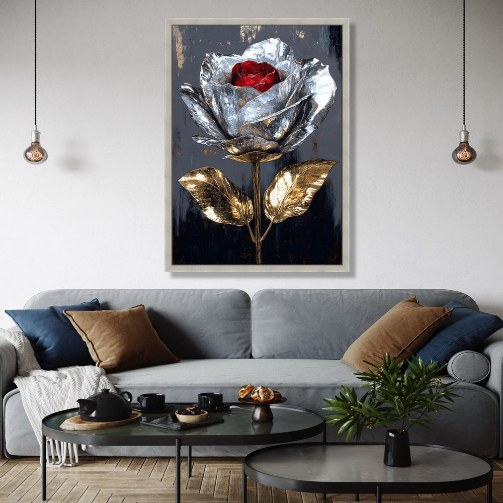Metallic Rose Canvas Wall Art, Silver and Gold Flower Painting, Modern Floral Canvas, Elegant Home Decor, Red Gift Art, Home Decor, Print