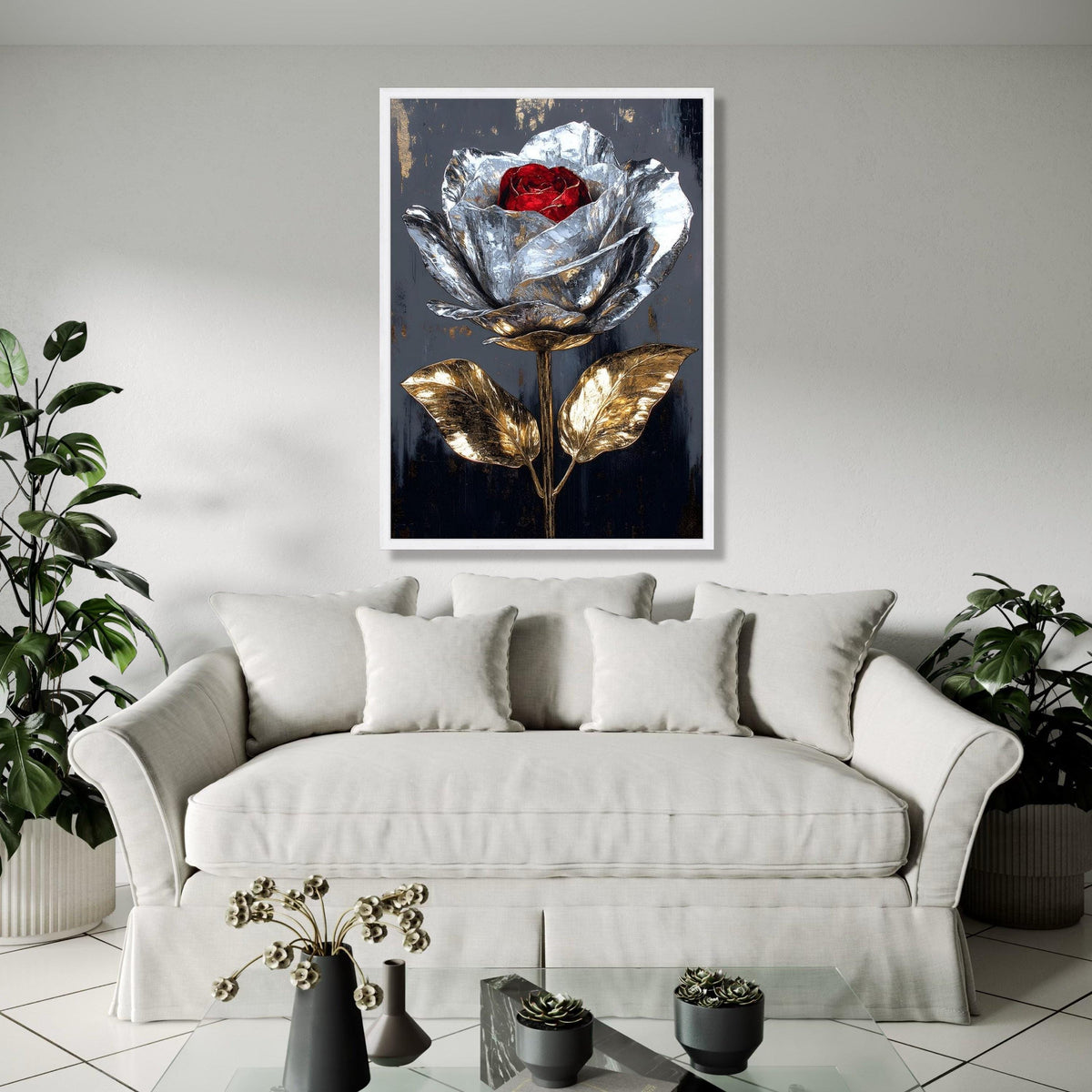 Metallic Rose Canvas Wall Art, Silver and Gold Flower Painting, Modern Floral Canvas, Elegant Home Decor, Red Gift Art, Home Decor, Print