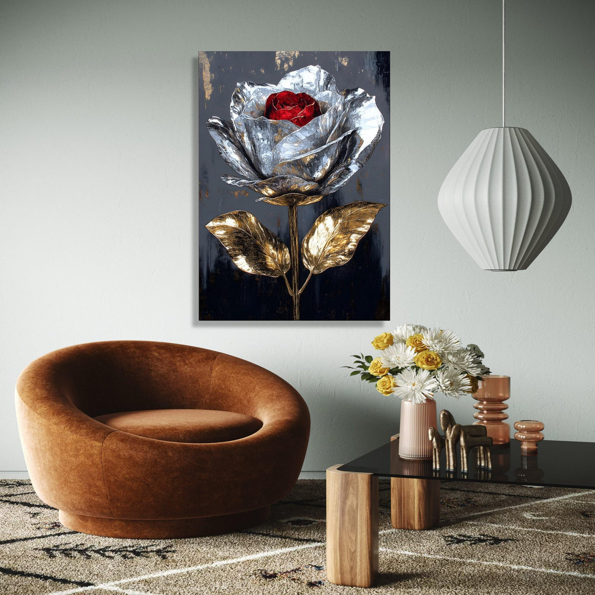 Metallic Rose Canvas Wall Art, Silver and Gold Flower Painting, Modern Floral Canvas, Elegant Home Decor, Red Gift Art, Home Decor, Print