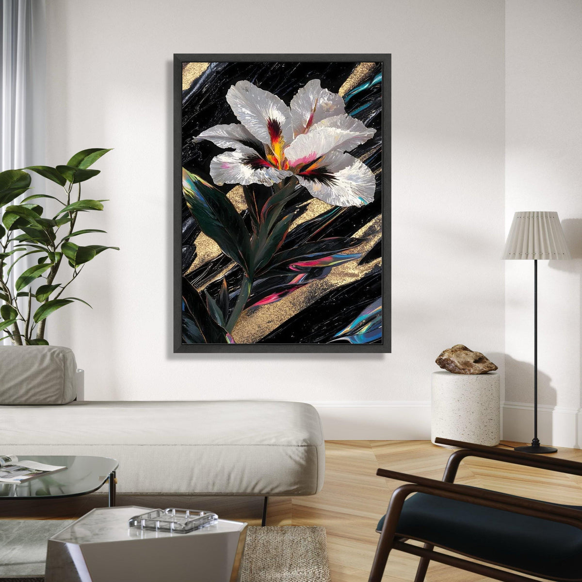Elegant White Iris Flower Canvas, Abstract Floral Wall Art, Gold and Black Background, Modern Botanical Canvas, Gift Art, Home Decor, Print