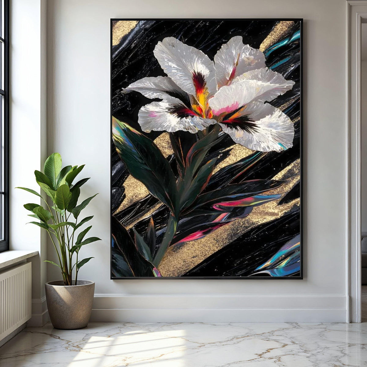 Elegant White Iris Flower Canvas, Abstract Floral Wall Art, Gold and Black Background, Modern Botanical Canvas, Gift Art, Home Decor, Print