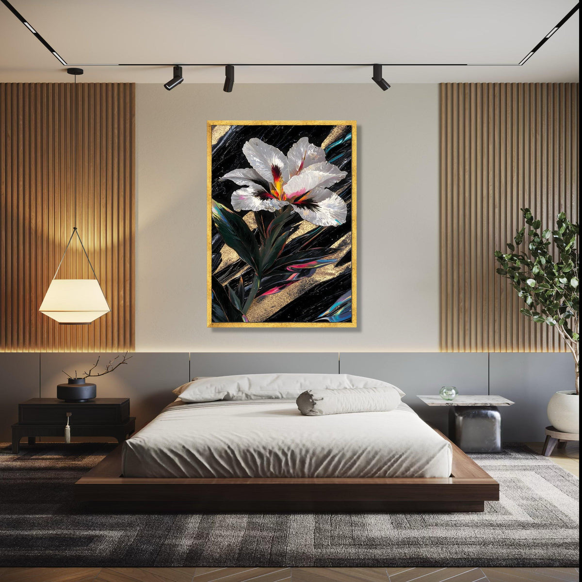Elegant White Iris Flower Canvas, Abstract Floral Wall Art, Gold and Black Background, Modern Botanical Canvas, Gift Art, Home Decor, Print