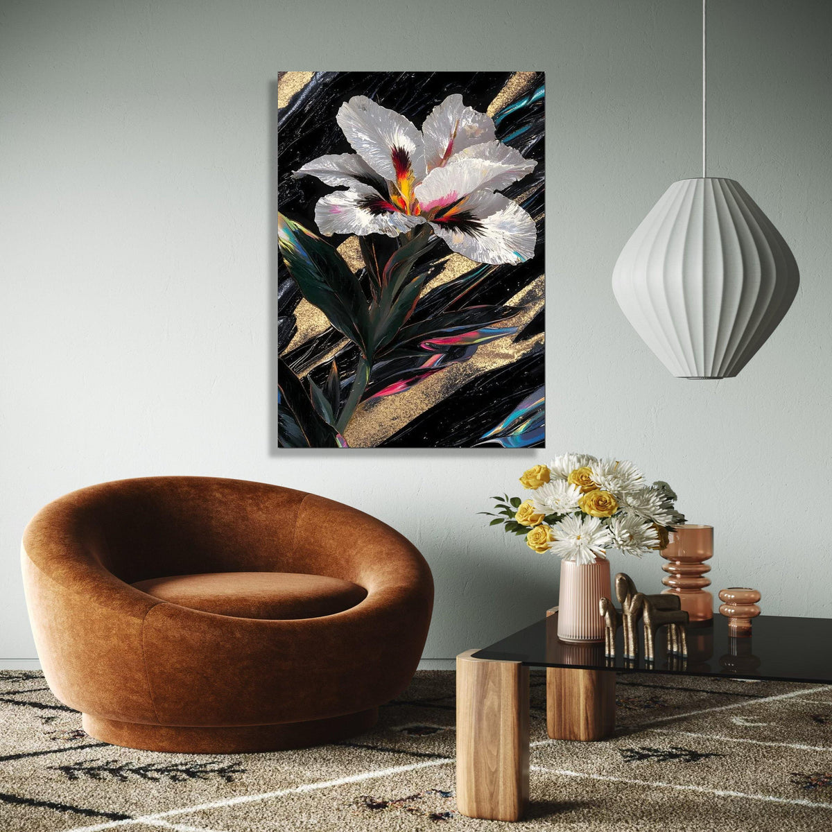 Elegant White Iris Flower Canvas, Abstract Floral Wall Art, Gold and Black Background, Modern Botanical Canvas, Gift Art, Home Decor, Print