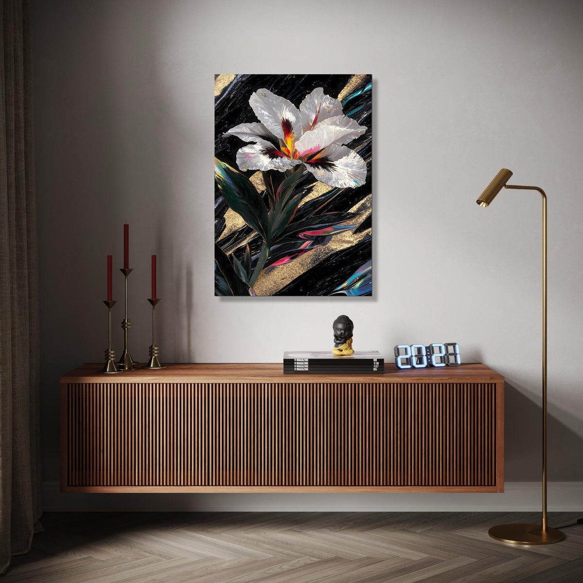 Elegant White Iris Flower Canvas, Abstract Floral Wall Art, Gold and Black Background, Modern Botanical Canvas, Gift Art, Home Decor, Print