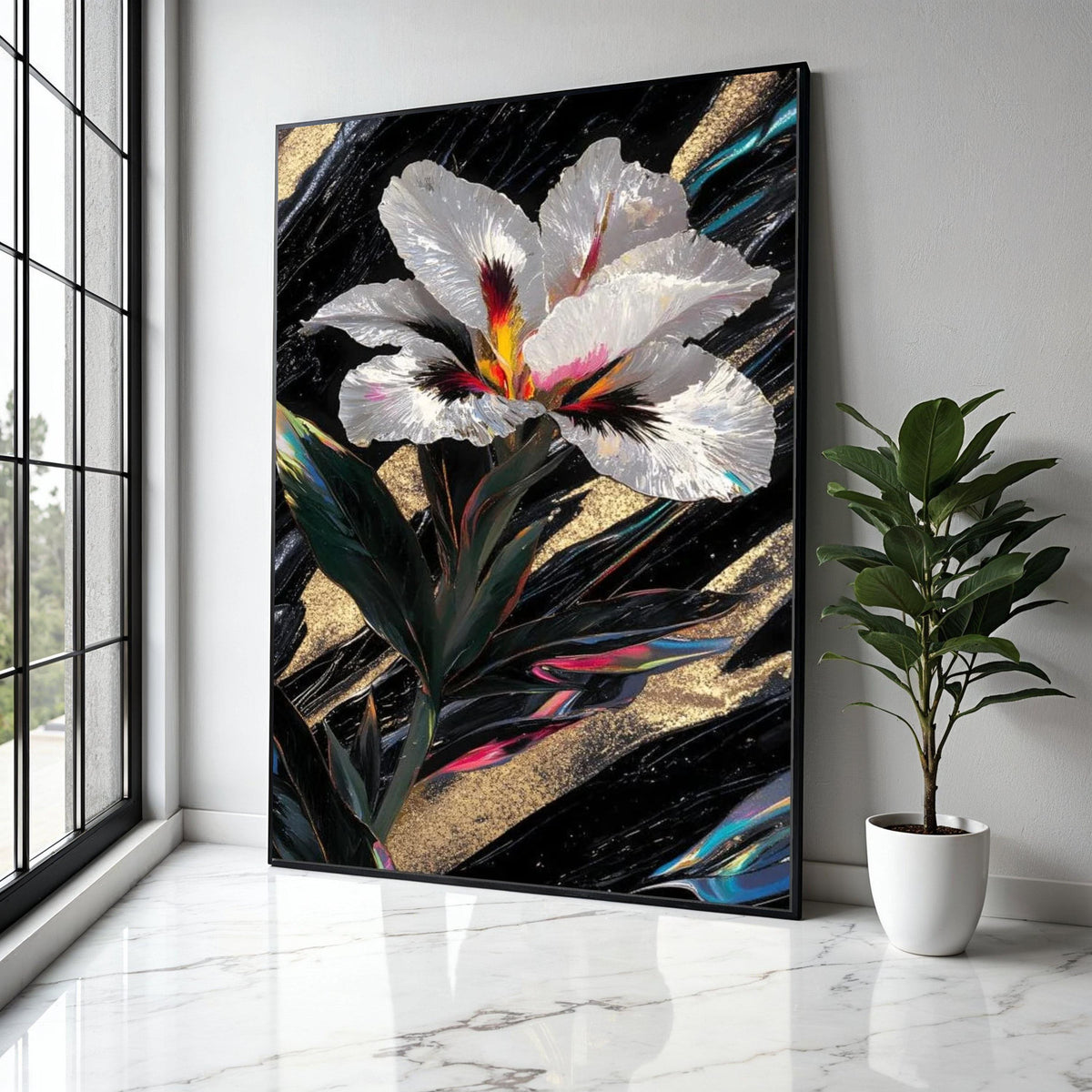 Elegant White Iris Flower Canvas, Abstract Floral Wall Art, Gold and Black Background, Modern Botanical Canvas, Gift Art, Home Decor, Print