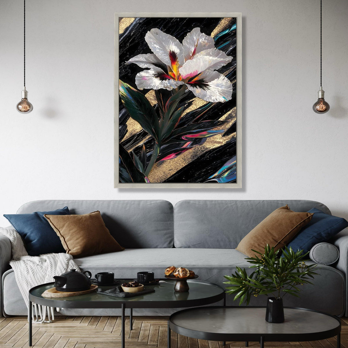 Elegant White Iris Flower Canvas, Abstract Floral Wall Art, Gold and Black Background, Modern Botanical Canvas, Gift Art, Home Decor, Print