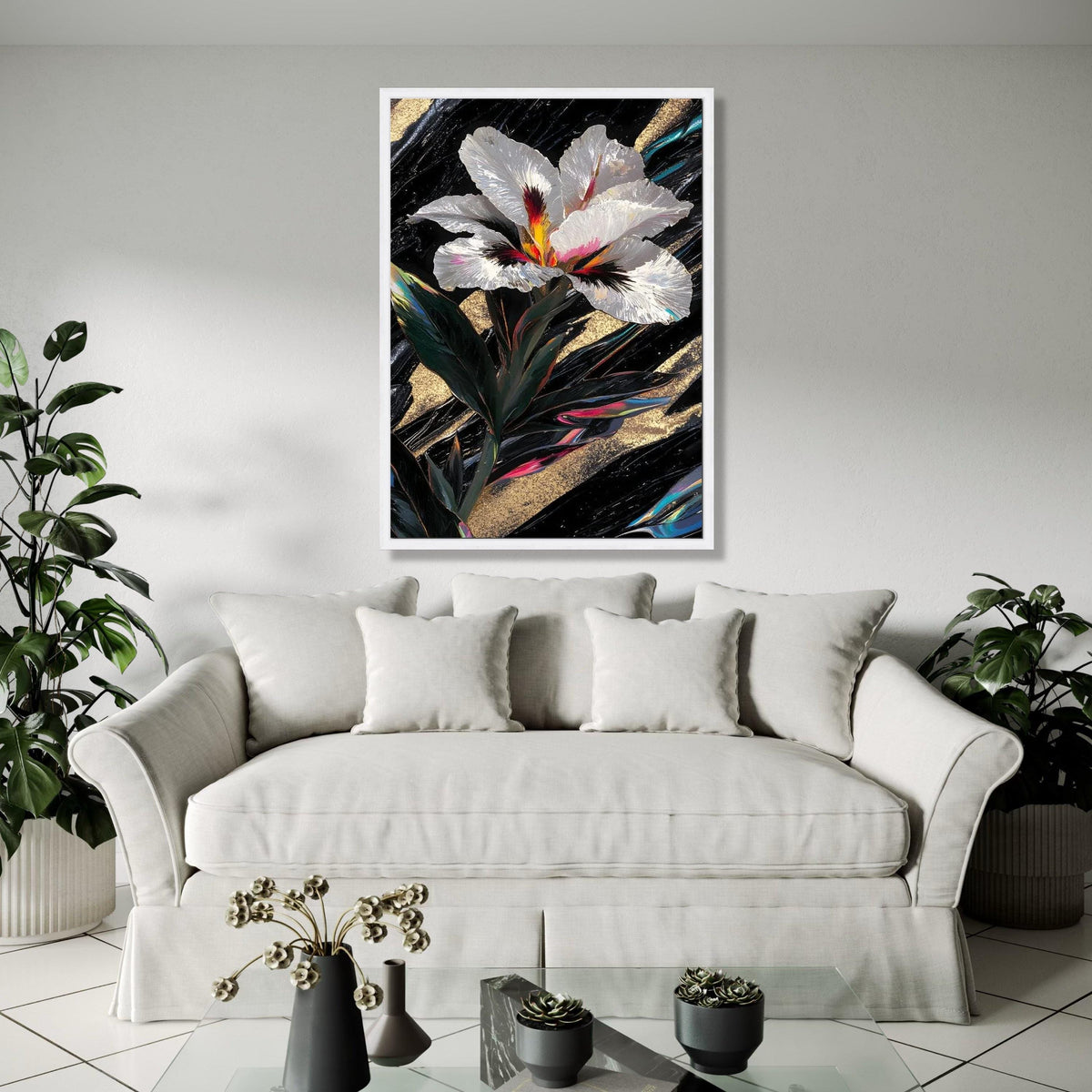 Elegant White Iris Flower Canvas, Abstract Floral Wall Art, Gold and Black Background, Modern Botanical Canvas, Gift Art, Home Decor, Print