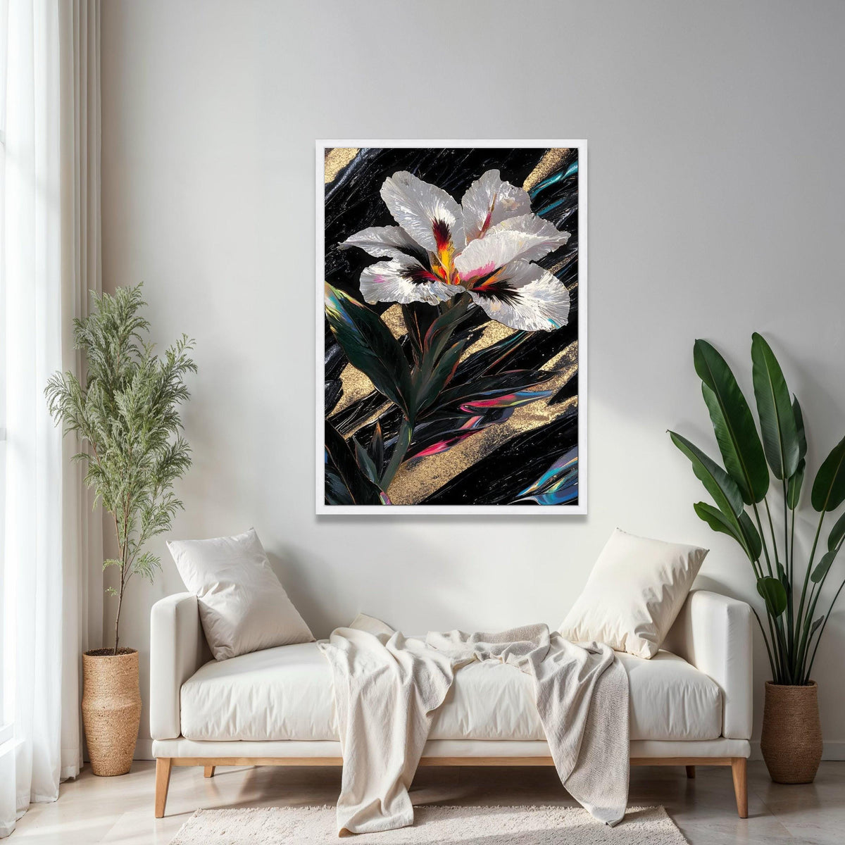 Elegant White Iris Flower Canvas, Abstract Floral Wall Art, Gold and Black Background, Modern Botanical Canvas, Gift Art, Home Decor, Print