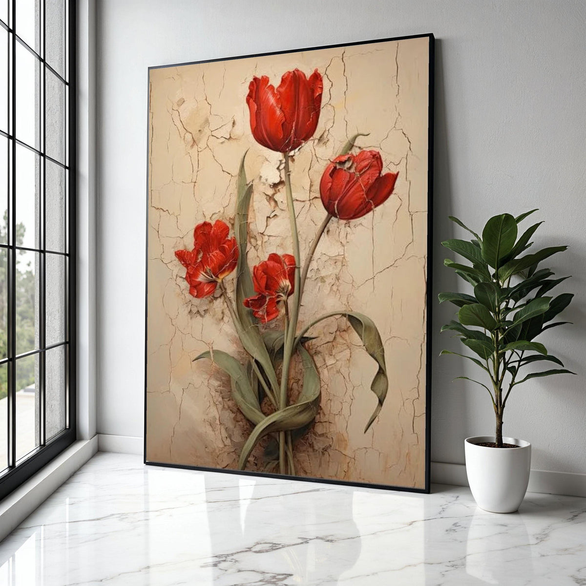 Vintage Red Tulips Canvas Wall Art, Rustic Floral Painting, Flower Decor, Botanical Canvas Print, Home Gift Art, Home Decor, Print