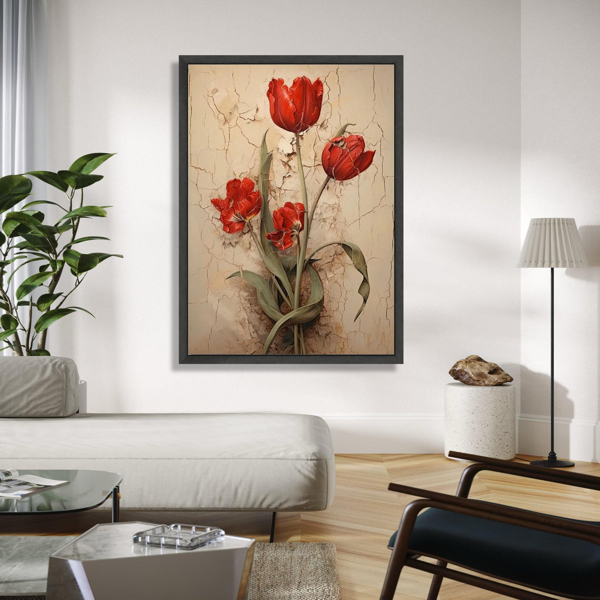 Vintage Red Tulips Canvas Wall Art, Rustic Floral Painting, Flower Decor, Botanical Canvas Print, Home Gift Art, Home Decor, Print