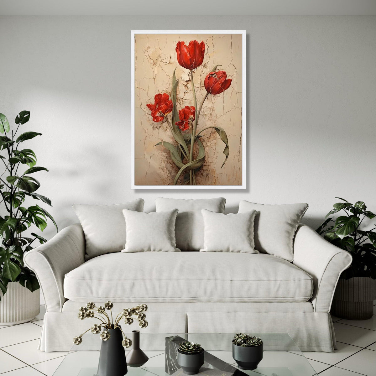Vintage Red Tulips Canvas Wall Art, Rustic Floral Painting, Flower Decor, Botanical Canvas Print, Home Gift Art, Home Decor, Print