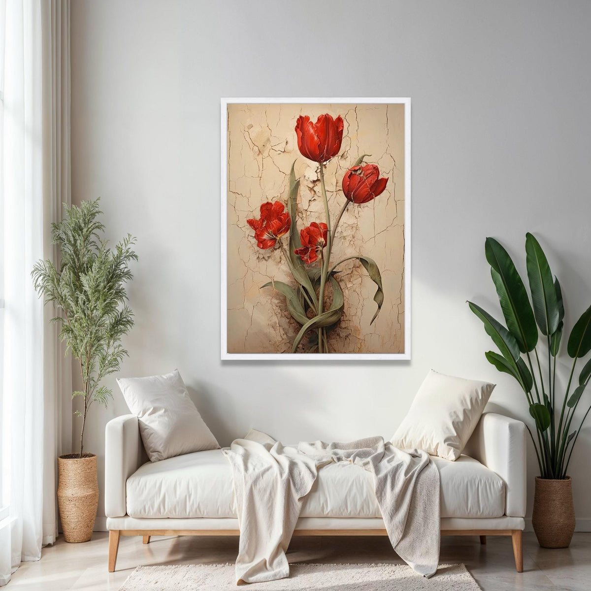 Vintage Red Tulips Canvas Wall Art, Rustic Floral Painting, Flower Decor, Botanical Canvas Print, Home Gift Art, Home Decor, Print