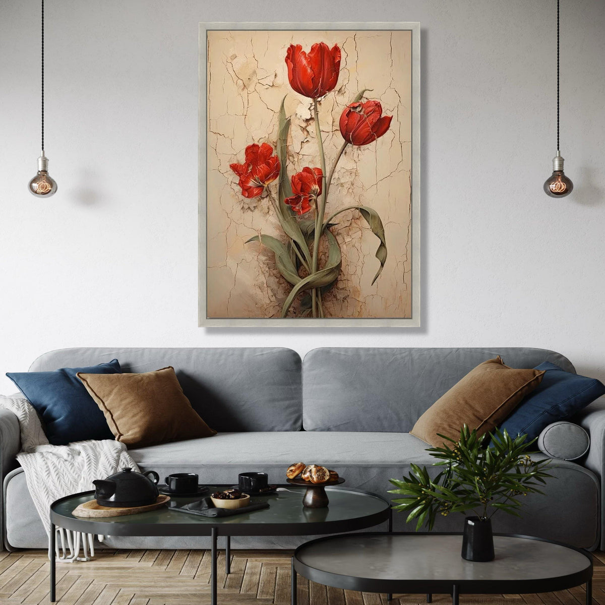 Vintage Red Tulips Canvas Wall Art, Rustic Floral Painting, Flower Decor, Botanical Canvas Print, Home Gift Art, Home Decor, Print