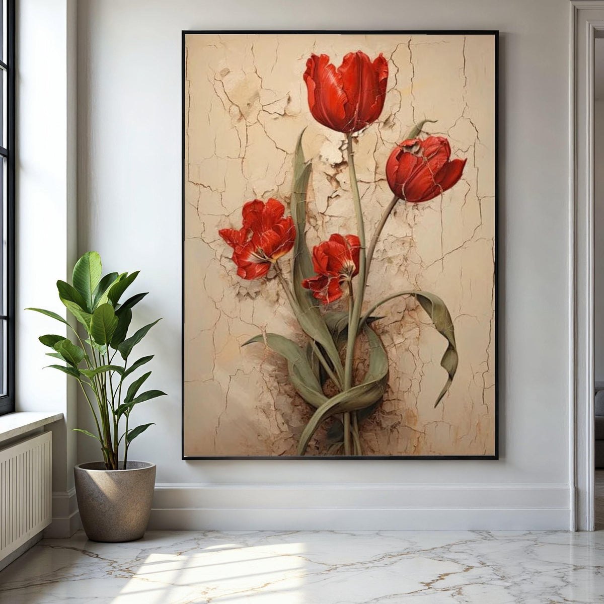 Vintage Red Tulips Canvas Wall Art, Rustic Floral Painting, Flower Decor, Botanical Canvas Print, Home Gift Art, Home Decor, Print