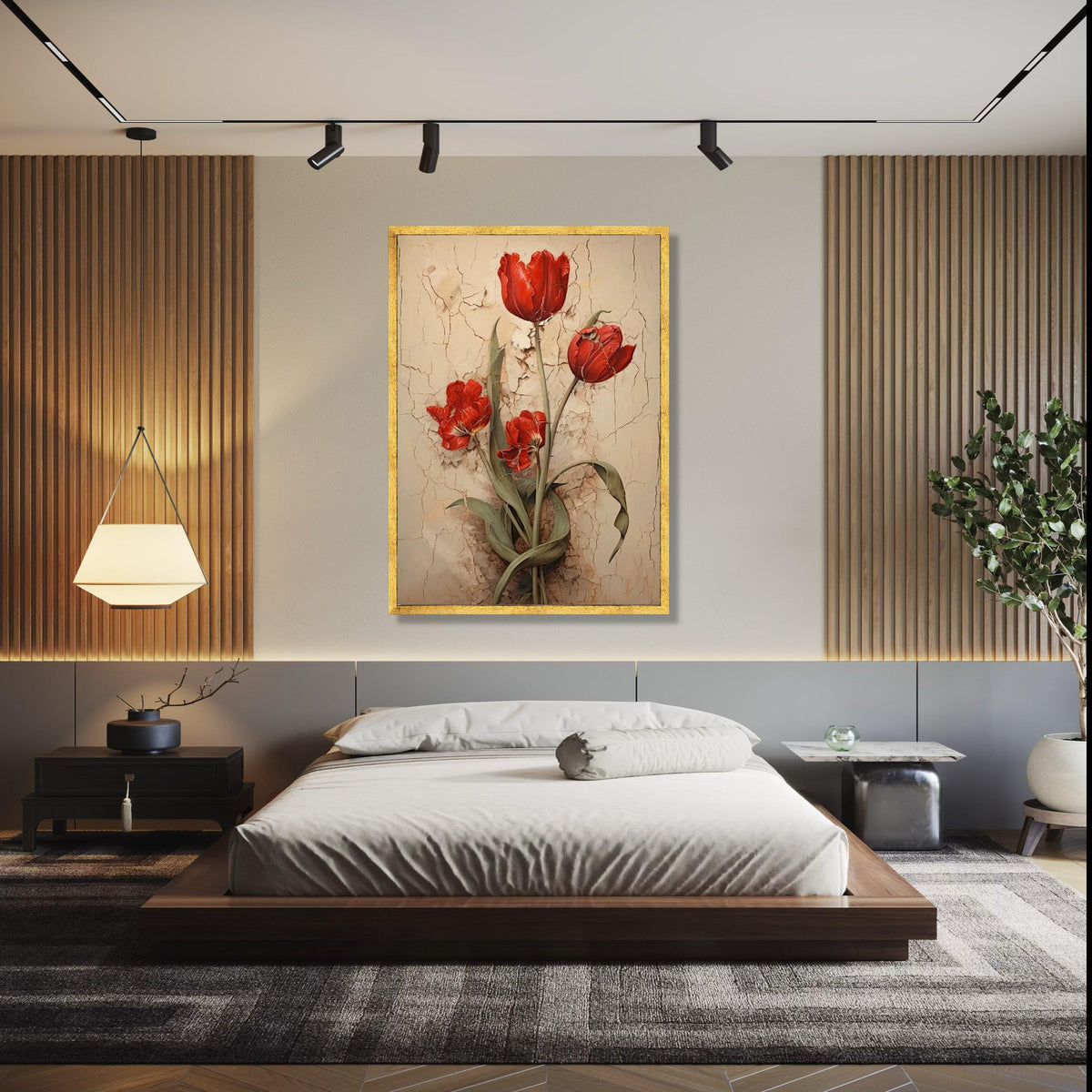 Vintage Red Tulips Canvas Wall Art, Rustic Floral Painting, Flower Decor, Botanical Canvas Print, Home Gift Art, Home Decor, Print