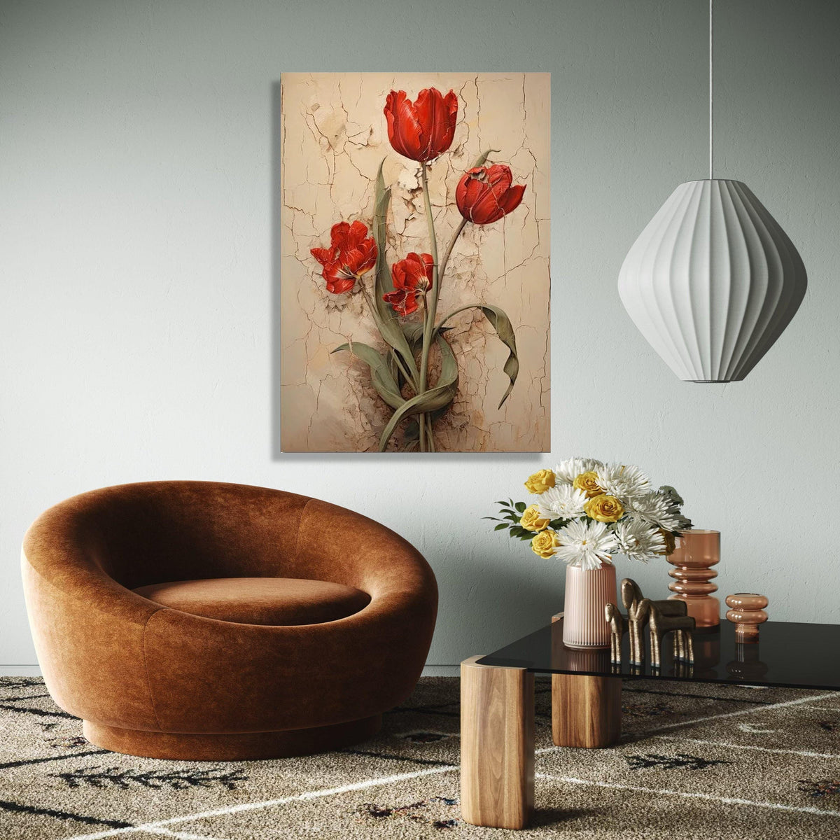 Vintage Red Tulips Canvas Wall Art, Rustic Floral Painting, Flower Decor, Botanical Canvas Print, Home Gift Art, Home Decor, Print