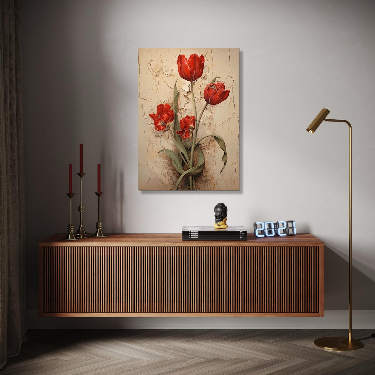 Vintage Red Tulips Canvas Wall Art, Rustic Floral Painting, Flower Decor, Botanical Canvas Print, Home Gift Art, Home Decor, Print