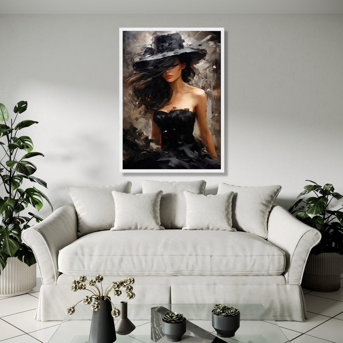 Elegant Woman in Black Hat Canvas, Modern Fashion Portrait Art, Glamorous Female Figure Wall Decor, Chic Gift Art, Home Decor, Print