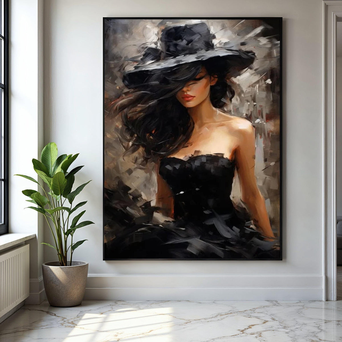 Elegant Woman in Black Hat Canvas, Modern Fashion Portrait Art, Glamorous Female Figure Wall Decor, Chic Gift Art, Home Decor, Print