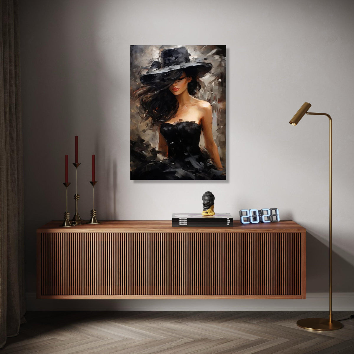 Elegant Woman in Black Hat Canvas, Modern Fashion Portrait Art, Glamorous Female Figure Wall Decor, Chic Gift Art, Home Decor, Print