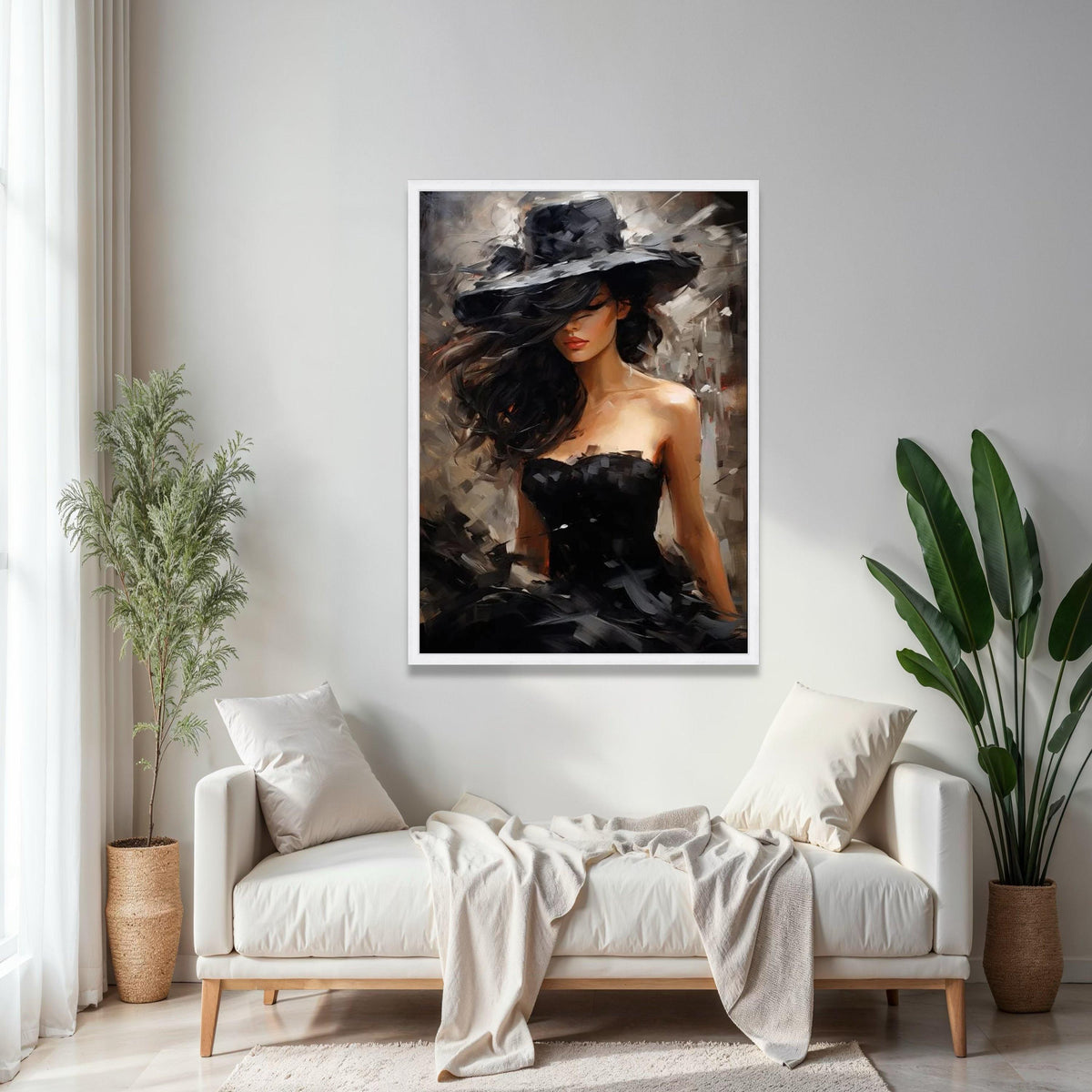 Elegant Woman in Black Hat Canvas, Modern Fashion Portrait Art, Glamorous Female Figure Wall Decor, Chic Gift Art, Home Decor, Print