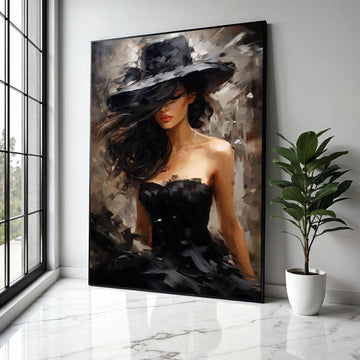 Elegant Woman in Black Hat Canvas, Modern Fashion Portrait Art, Glamorous Female Figure Wall Decor, Chic Gift Art, Home Decor, Print