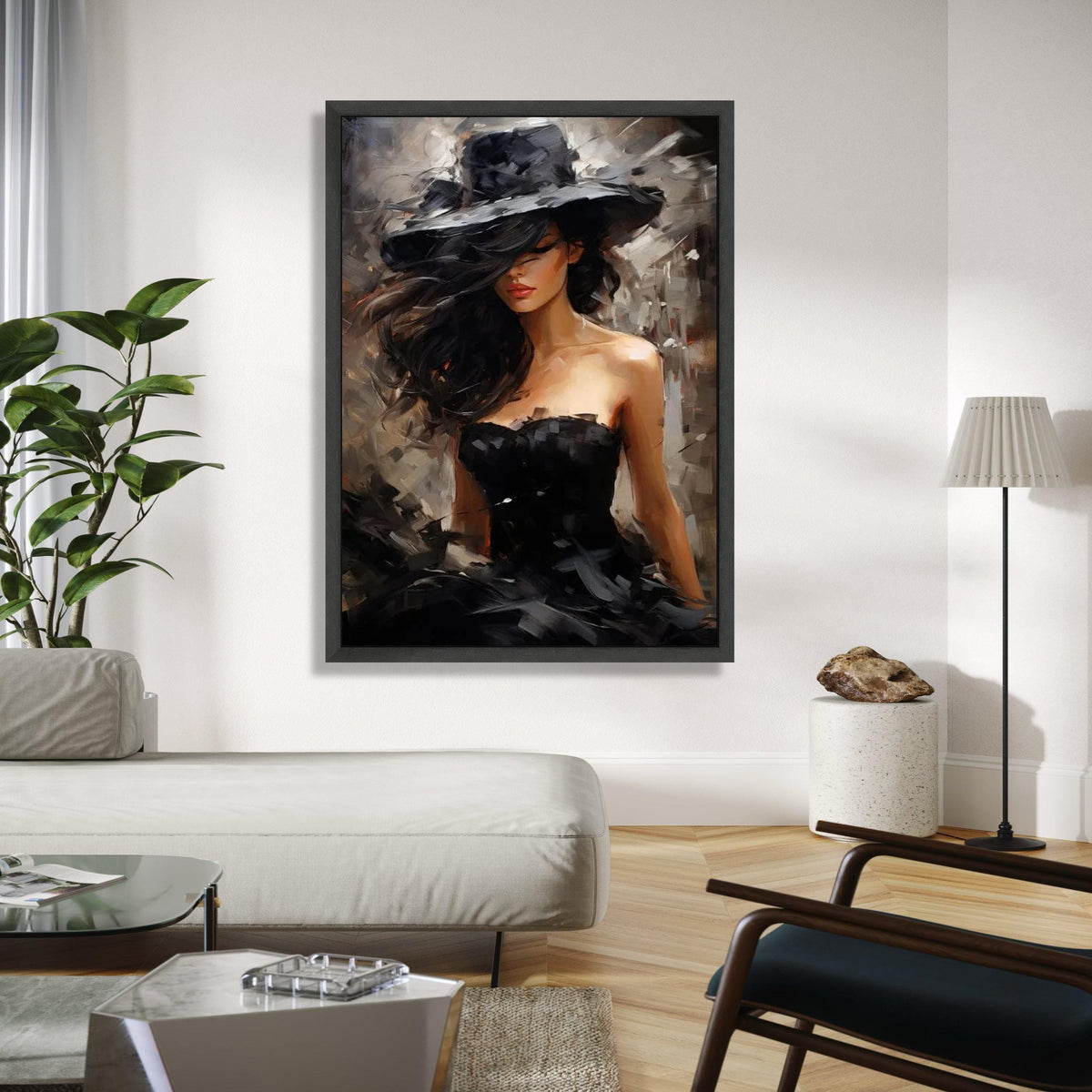 Elegant Woman in Black Hat Canvas, Modern Fashion Portrait Art, Glamorous Female Figure Wall Decor, Chic Gift Art, Home Decor, Print