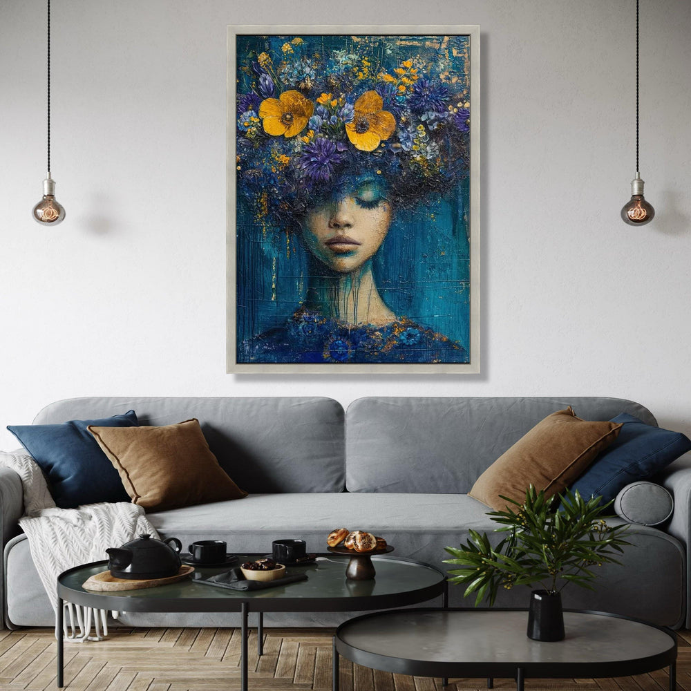 Dreamy Floral Woman Portrait Canvas, Abstract Face Art, Blue Yellow Flowers Wall Decor, Modern Artistic Canvas, Gift Art, Home Decor, Print