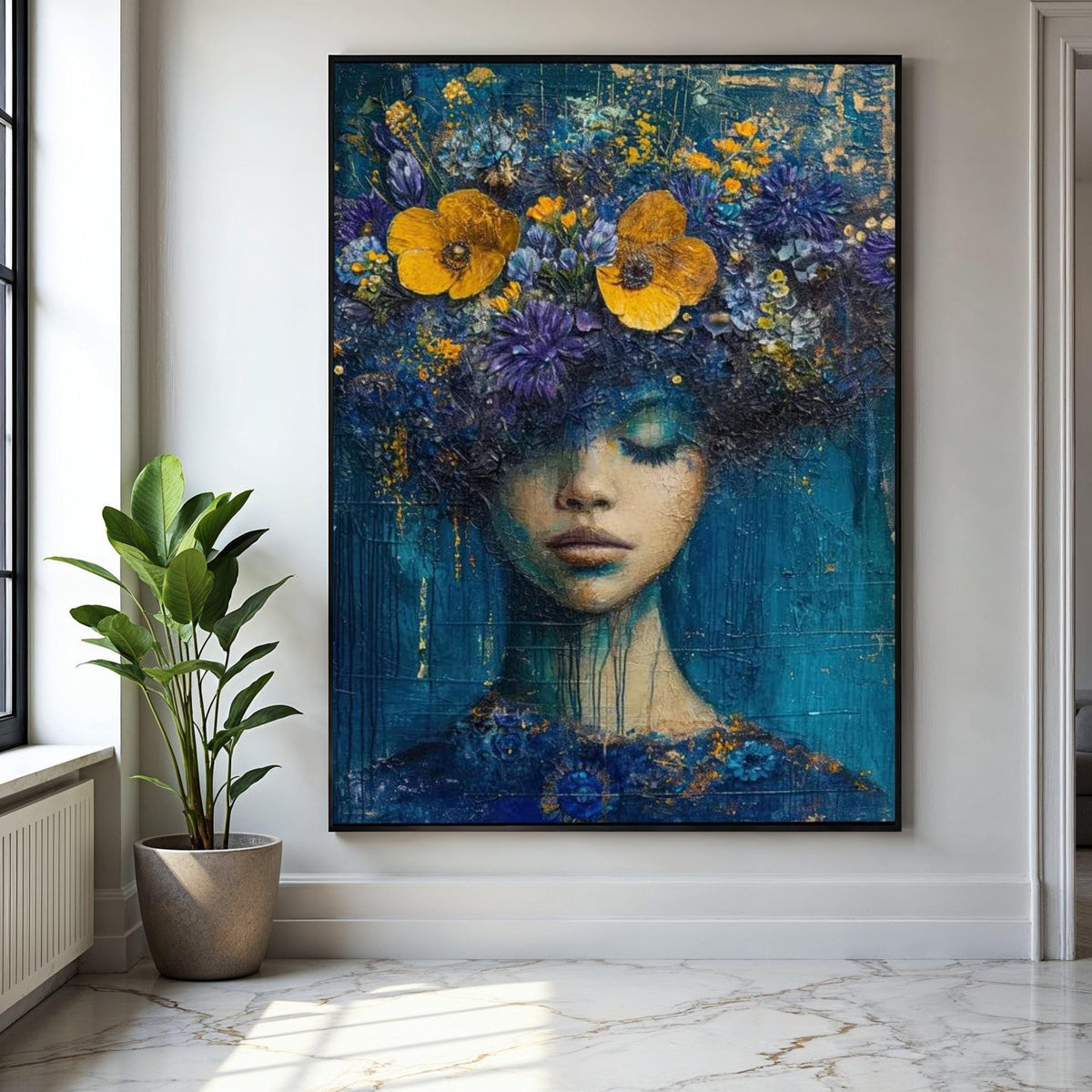 Dreamy Floral Woman Portrait Canvas, Abstract Face Art, Blue Yellow Flowers Wall Decor, Modern Artistic Canvas, Gift Art, Home Decor, Print