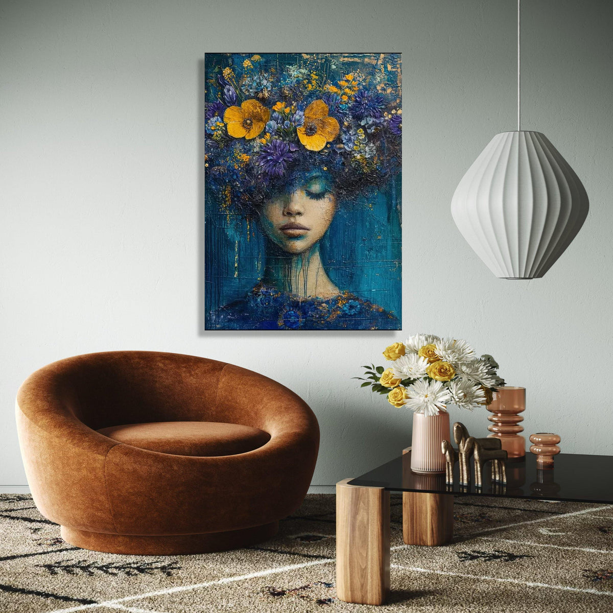 Dreamy Floral Woman Portrait Canvas, Abstract Face Art, Blue Yellow Flowers Wall Decor, Modern Artistic Canvas, Gift Art, Home Decor, Print