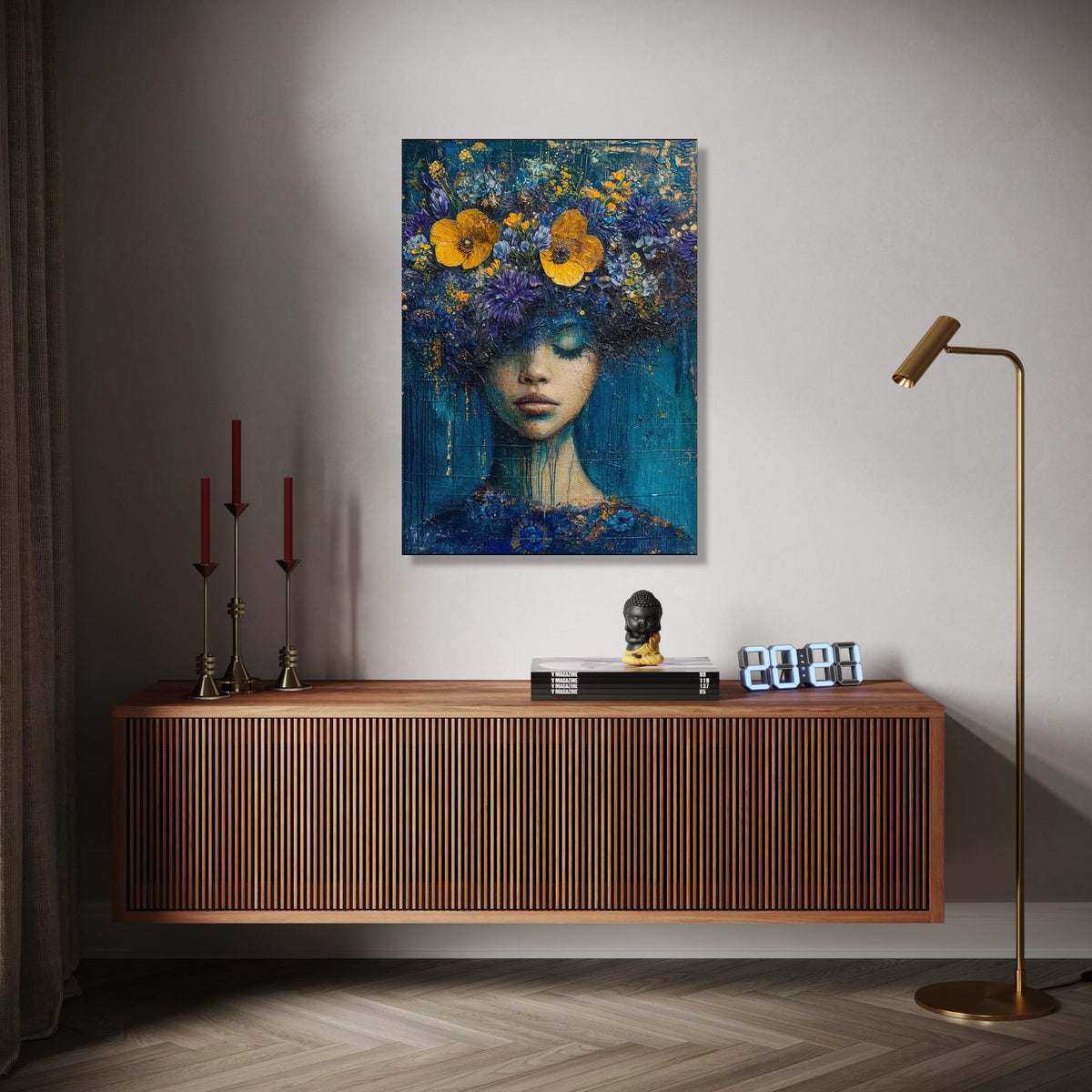 Dreamy Floral Woman Portrait Canvas, Abstract Face Art, Blue Yellow Flowers Wall Decor, Modern Artistic Canvas, Gift Art, Home Decor, Print