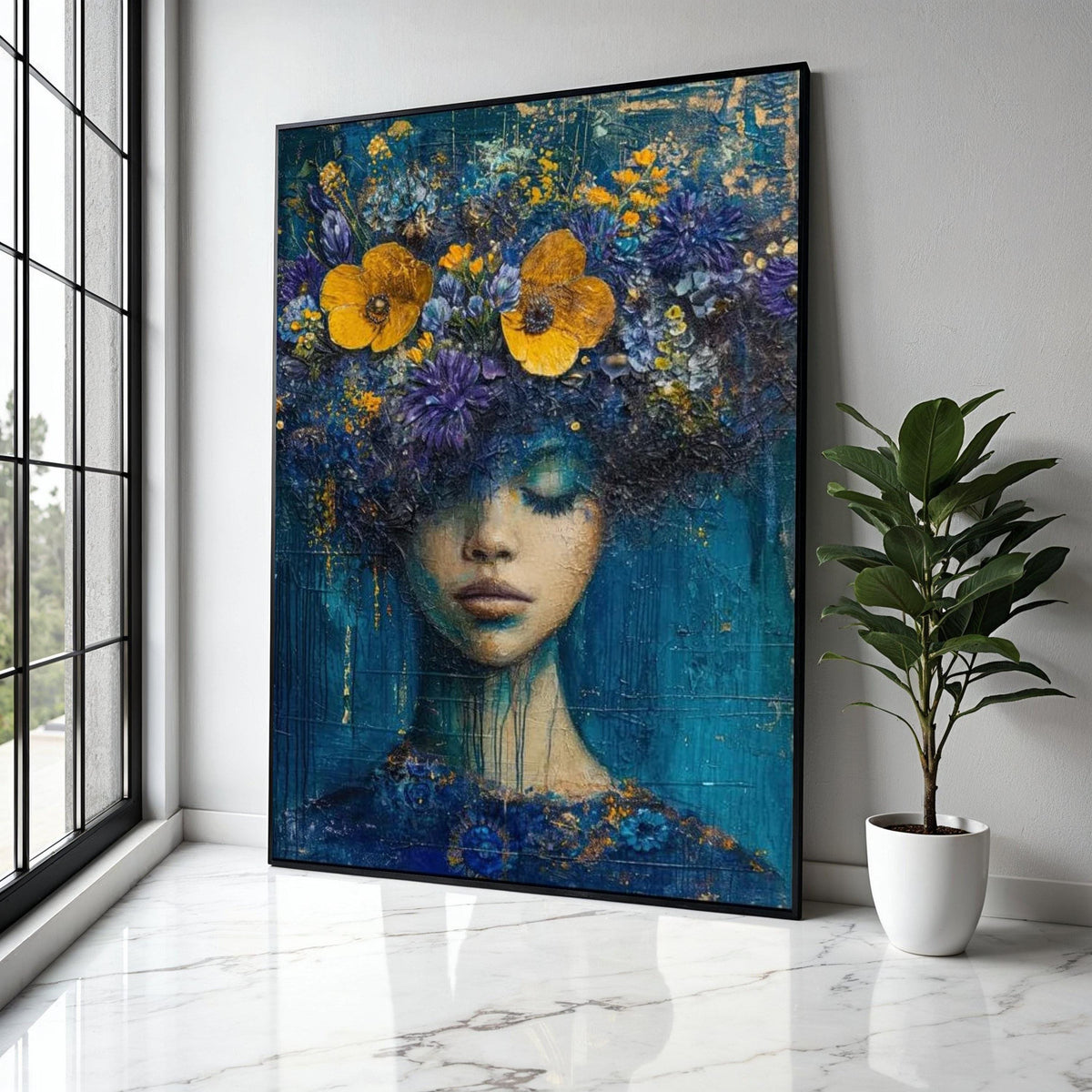 Dreamy Floral Woman Portrait Canvas, Abstract Face Art, Blue Yellow Flowers Wall Decor, Modern Artistic Canvas, Gift Art, Home Decor, Print