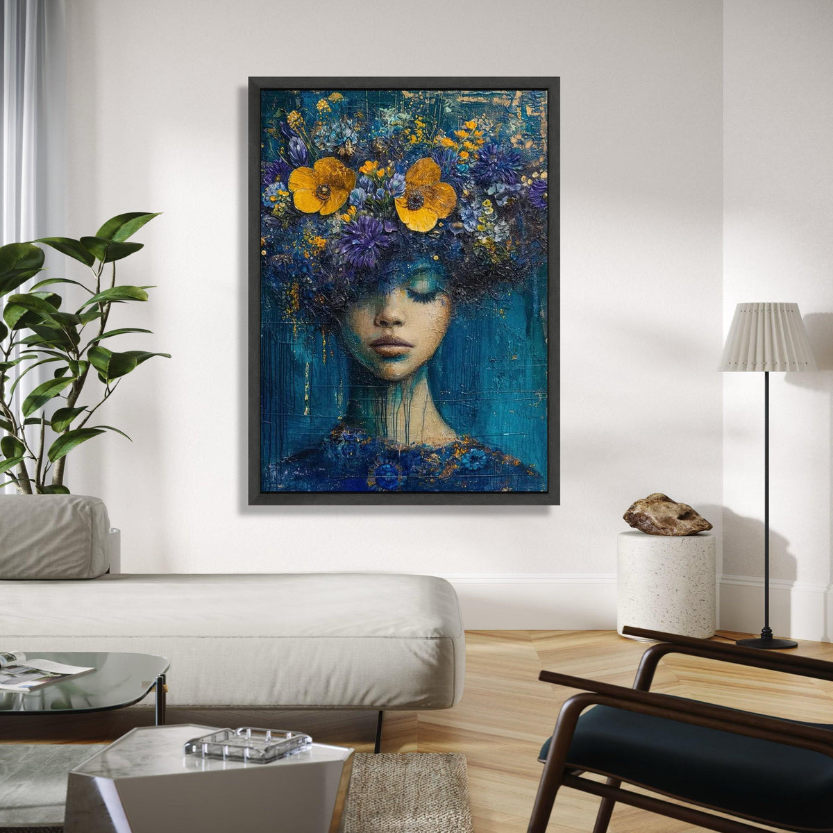 Dreamy Floral Woman Portrait Canvas, Abstract Face Art, Blue Yellow Flowers Wall Decor, Modern Artistic Canvas, Gift Art, Home Decor, Print
