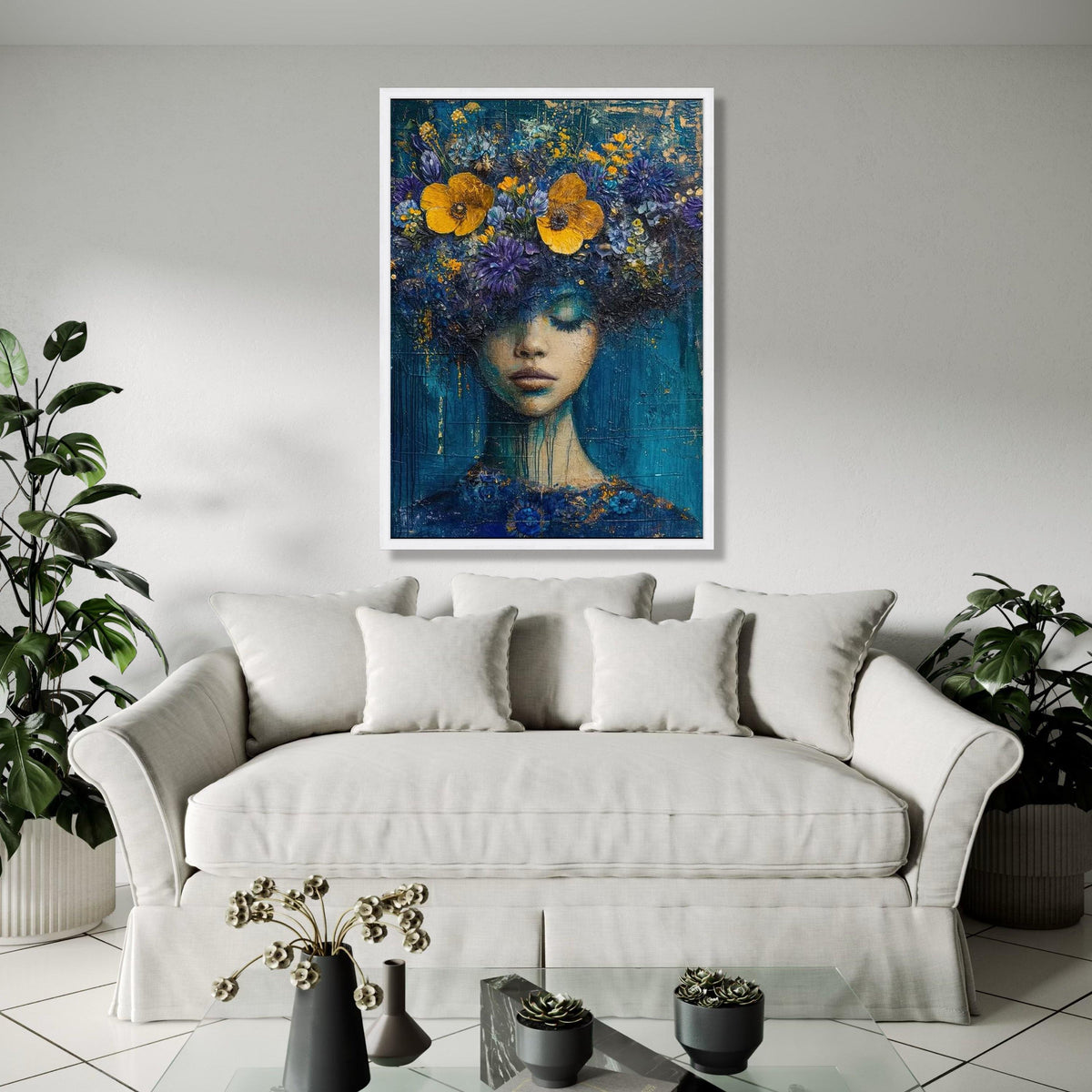Dreamy Floral Woman Portrait Canvas, Abstract Face Art, Blue Yellow Flowers Wall Decor, Modern Artistic Canvas, Gift Art, Home Decor, Print