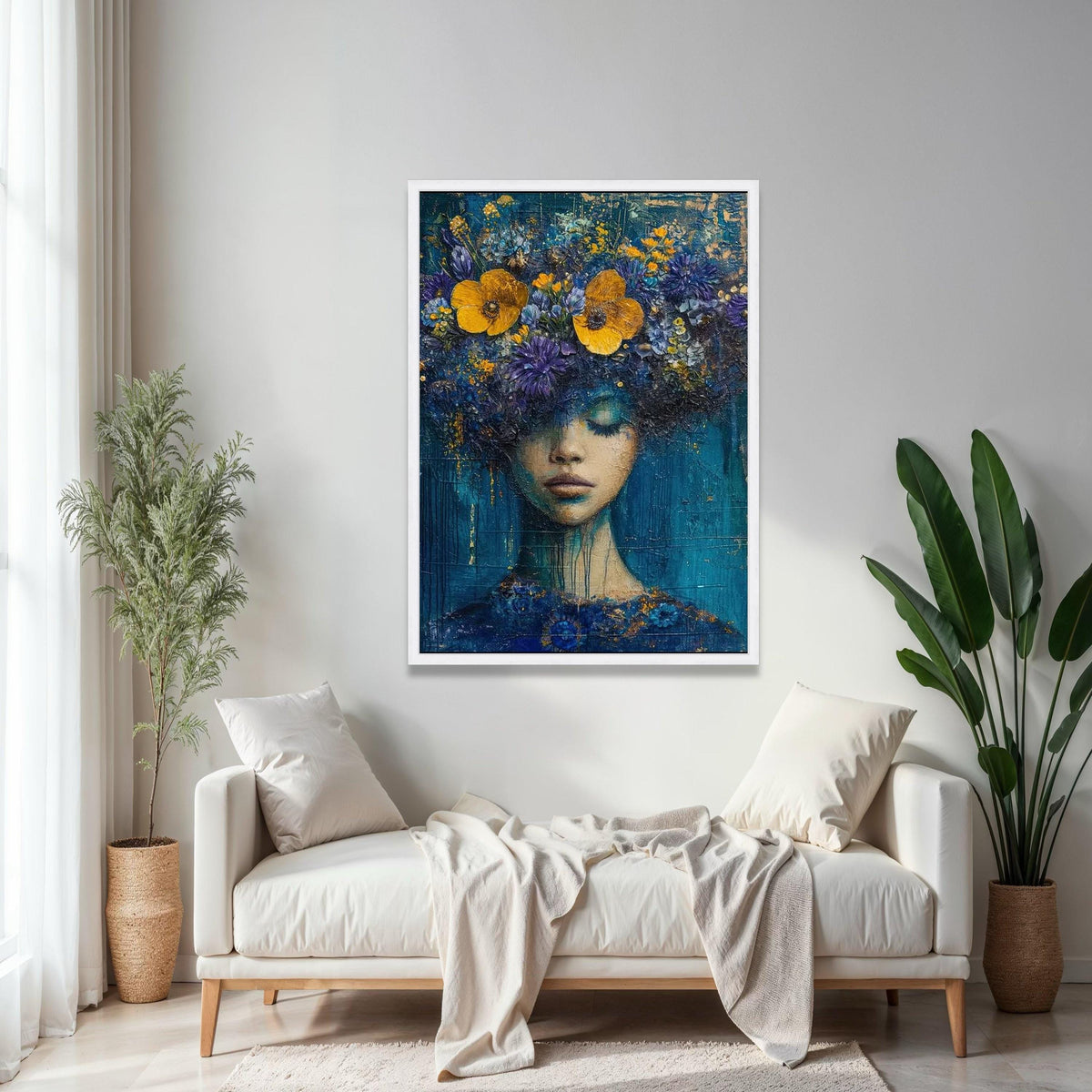 Dreamy Floral Woman Portrait Canvas, Abstract Face Art, Blue Yellow Flowers Wall Decor, Modern Artistic Canvas, Gift Art, Home Decor, Print
