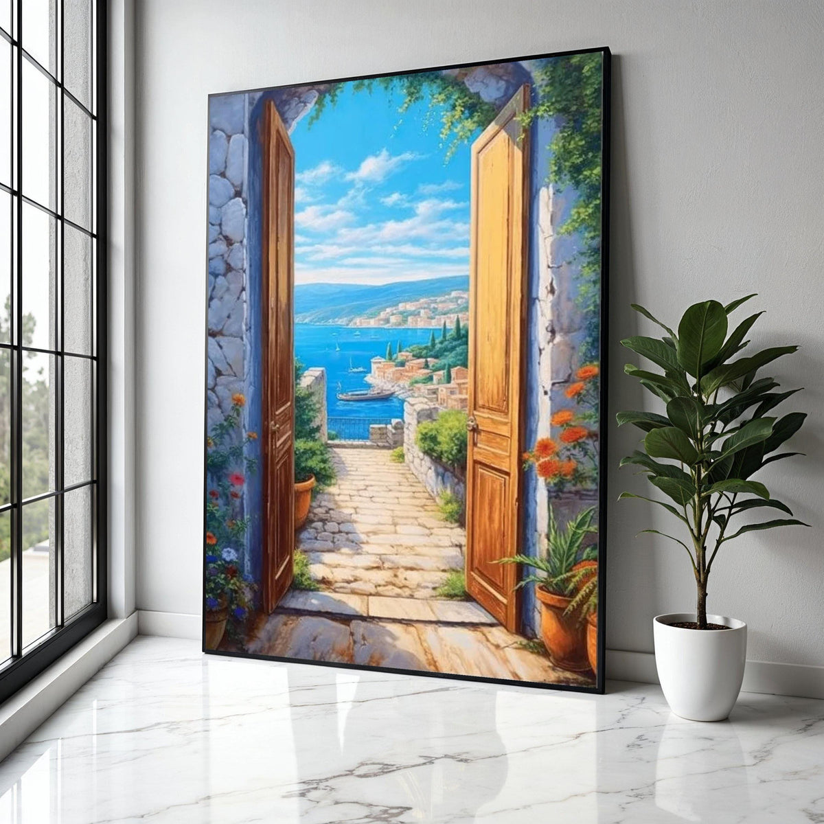Coastal Mediterranean View Canvas, Open Doorway Wall Art, Seaside Landscape Painting, Beach House Decor, Scenic Gift Art, Home Decor, Print