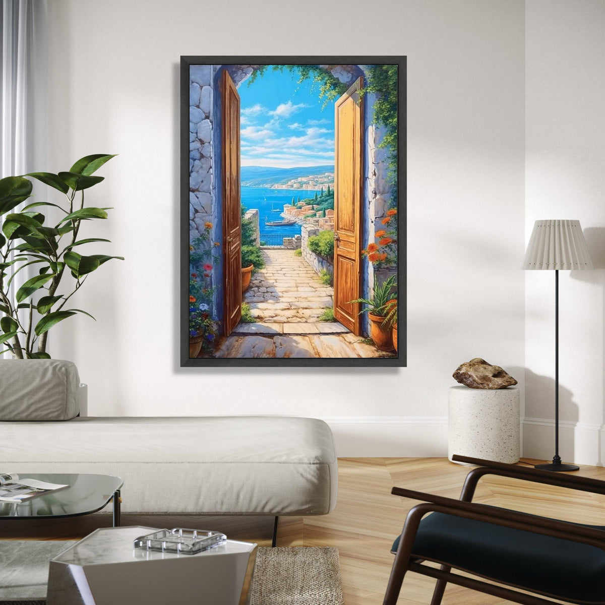Coastal Mediterranean View Canvas, Open Doorway Wall Art, Seaside Landscape Painting, Beach House Decor, Scenic Gift Art, Home Decor, Print