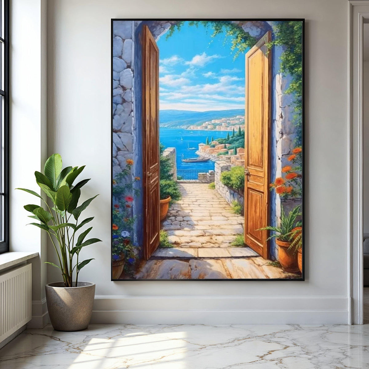 Coastal Mediterranean View Canvas, Open Doorway Wall Art, Seaside Landscape Painting, Beach House Decor, Scenic Gift Art, Home Decor, Print