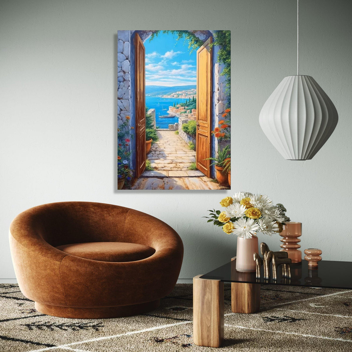 Coastal Mediterranean View Canvas, Open Doorway Wall Art, Seaside Landscape Painting, Beach House Decor, Scenic Gift Art, Home Decor, Print
