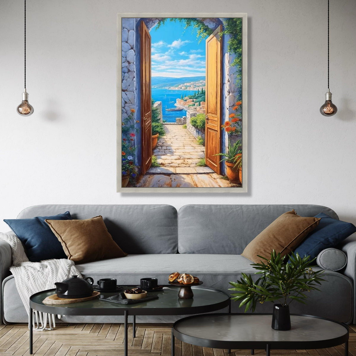 Coastal Mediterranean View Canvas, Open Doorway Wall Art, Seaside Landscape Painting, Beach House Decor, Scenic Gift Art, Home Decor, Print