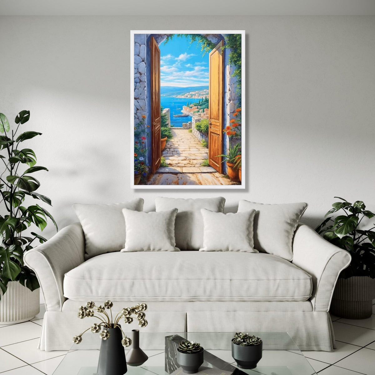 Coastal Mediterranean View Canvas, Open Doorway Wall Art, Seaside Landscape Painting, Beach House Decor, Scenic Gift Art, Home Decor, Print